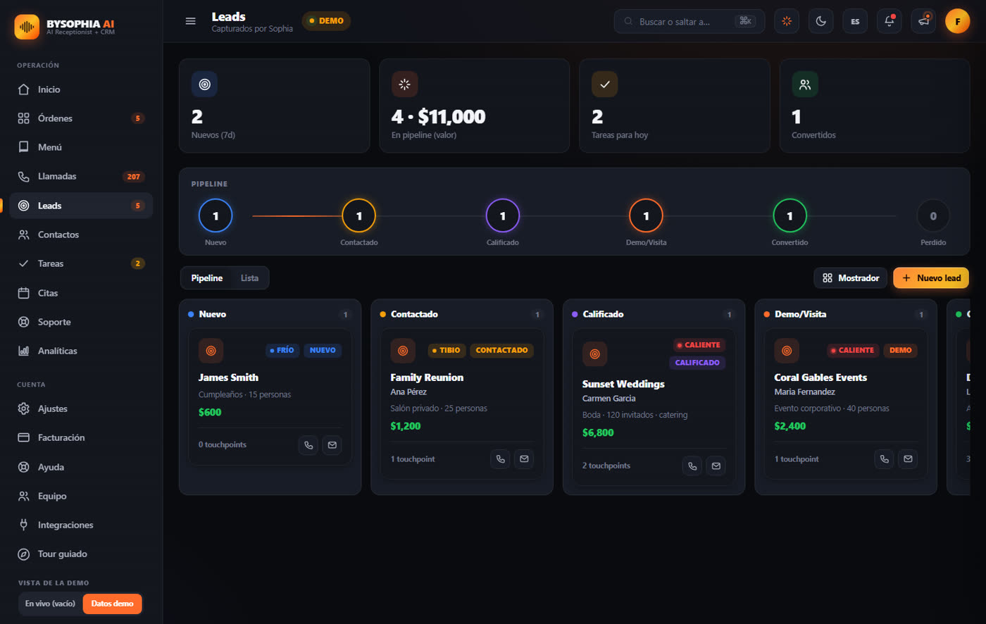 Built-in CRM: lead pipeline with stages and deal values