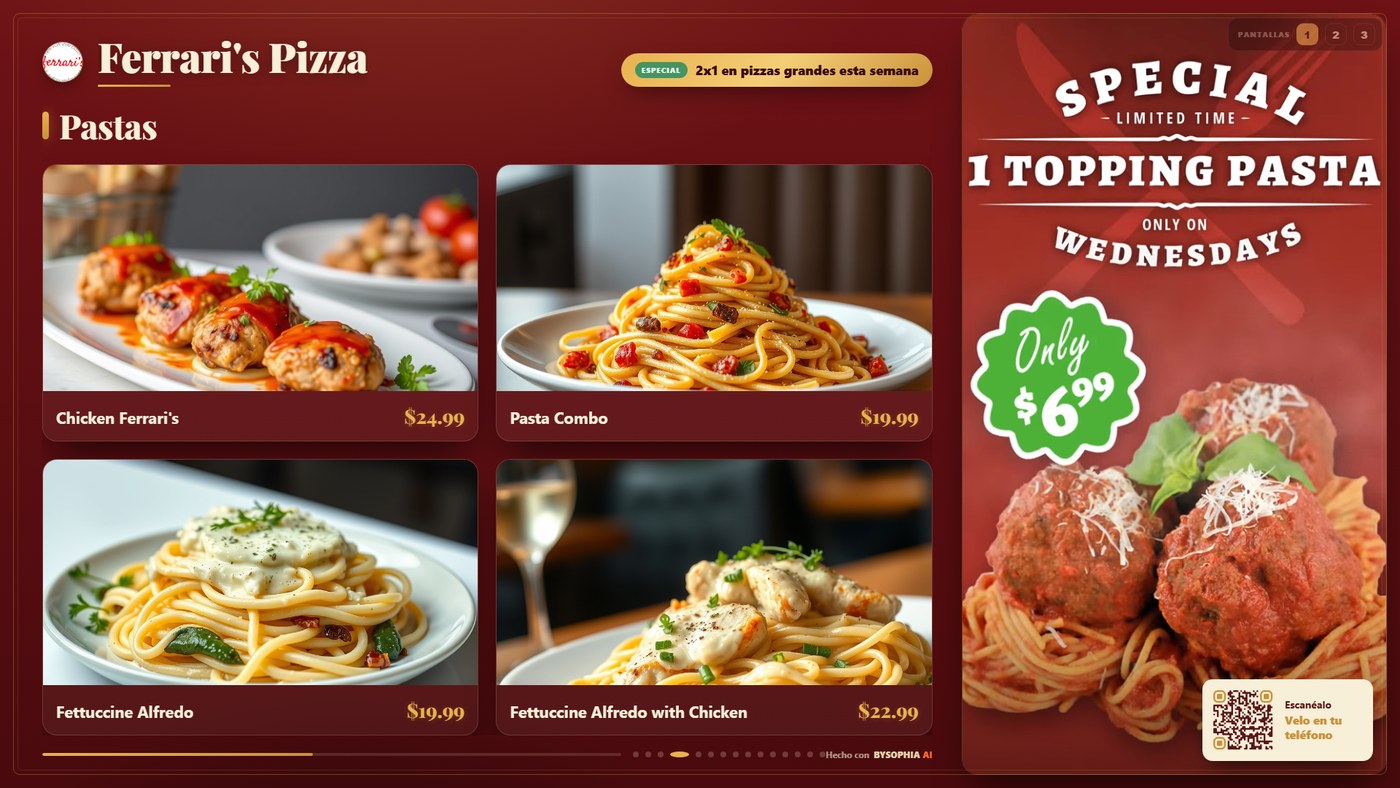 Menu board running on a restaurant TV, with dish photos, promo and QR code