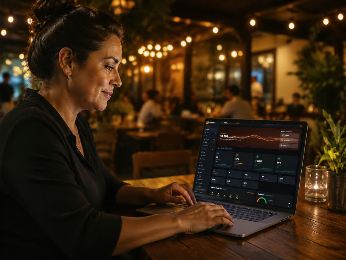 Restaurant owner using bySophia on her laptop