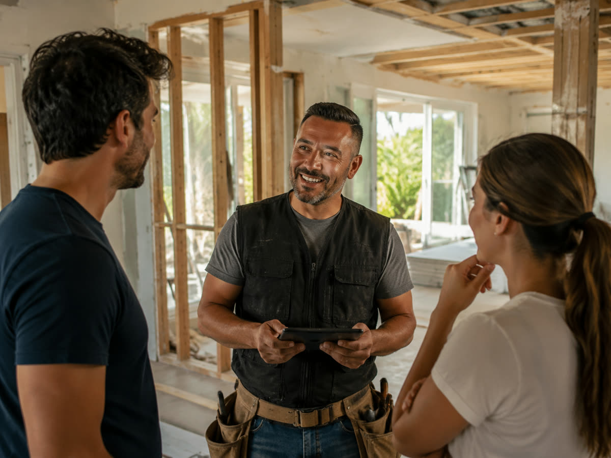 Contractor reviewing remodeling plans with homeowners