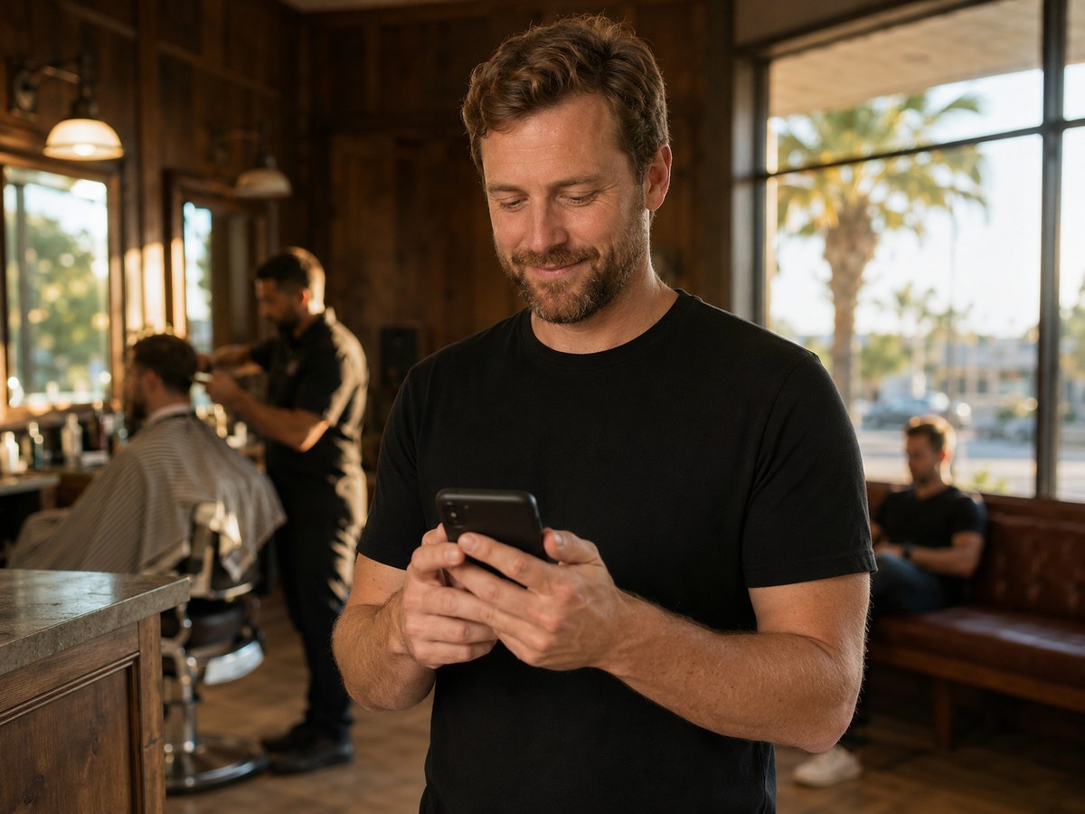 Barbershop owner welcoming a customer who booked by phone