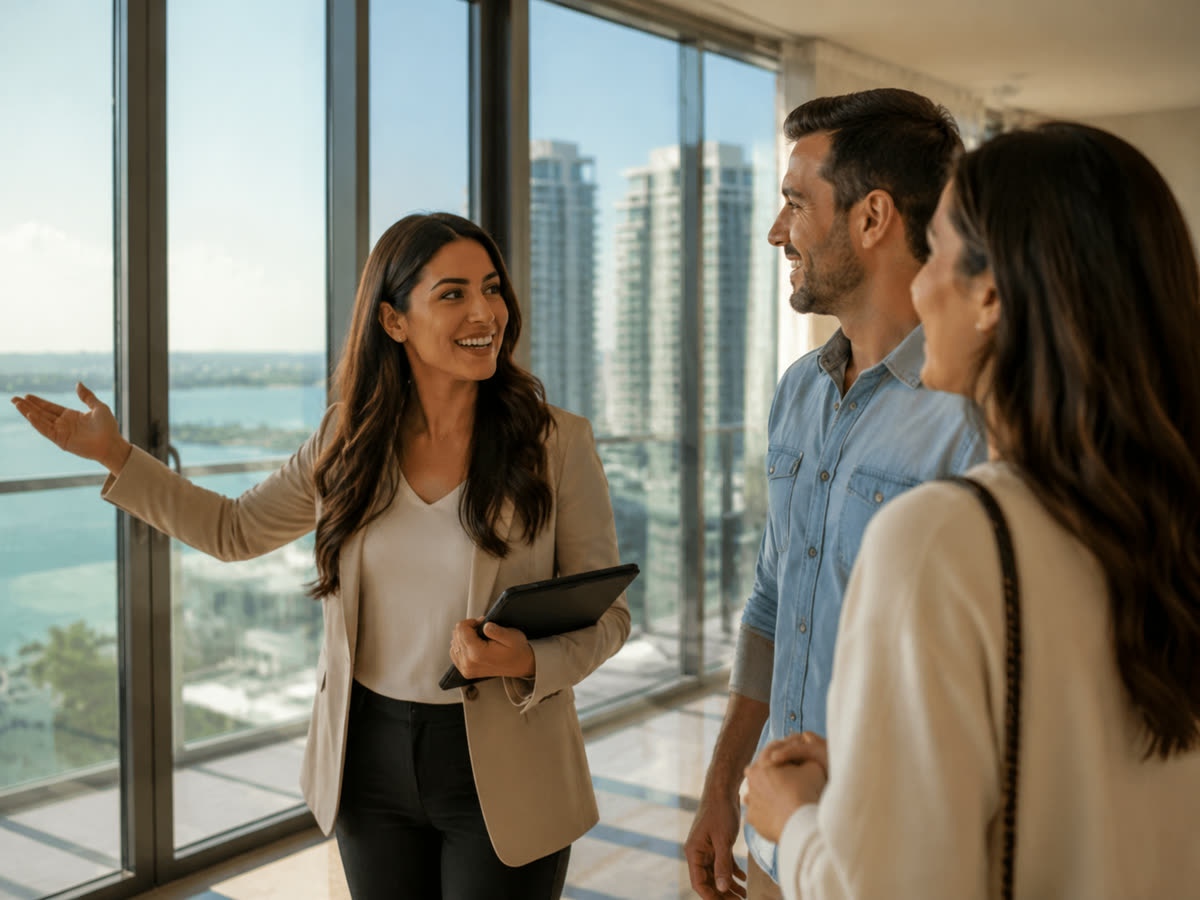 Real estate agent showing a Miami condo to a couple