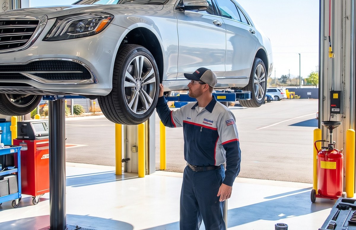 Mechanic working on a car on a lift at an auto shop