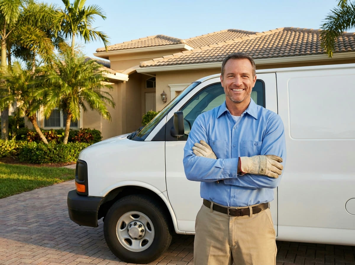 HVAC technician beside his service van