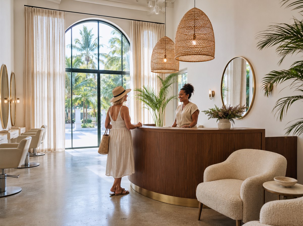 Salon reception welcoming a client